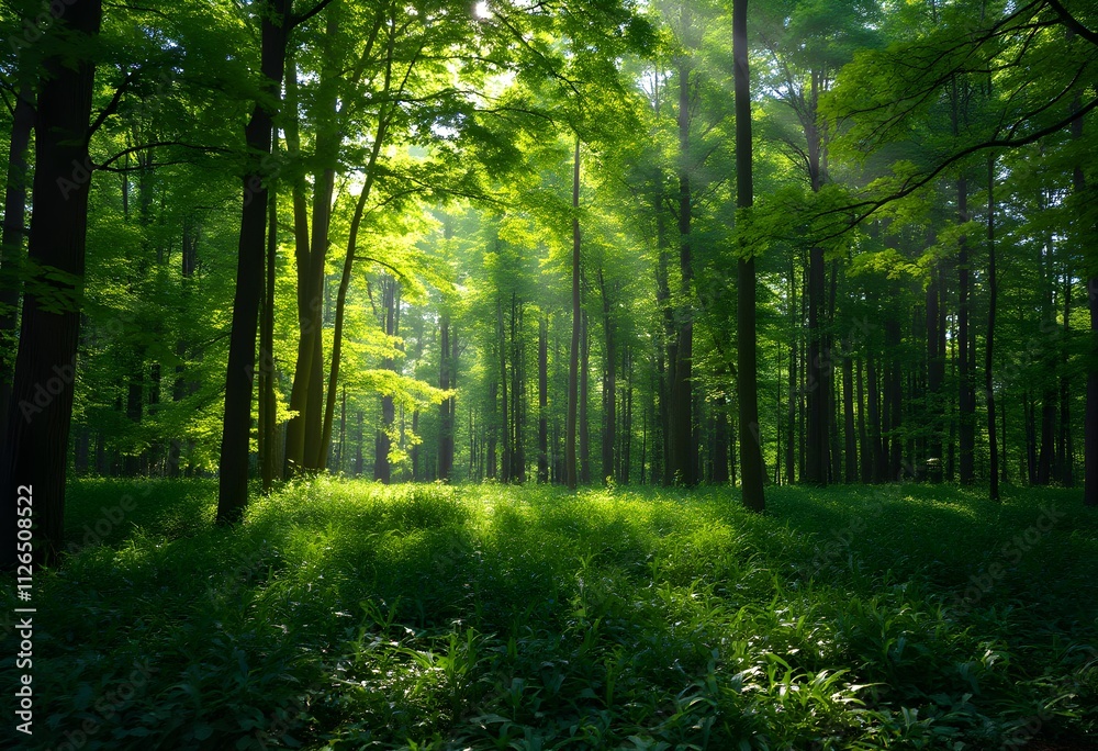 Fototapeta premium A lush green forest where sunlight gently streams through the trees, creating a peaceful and natural atmosphere.