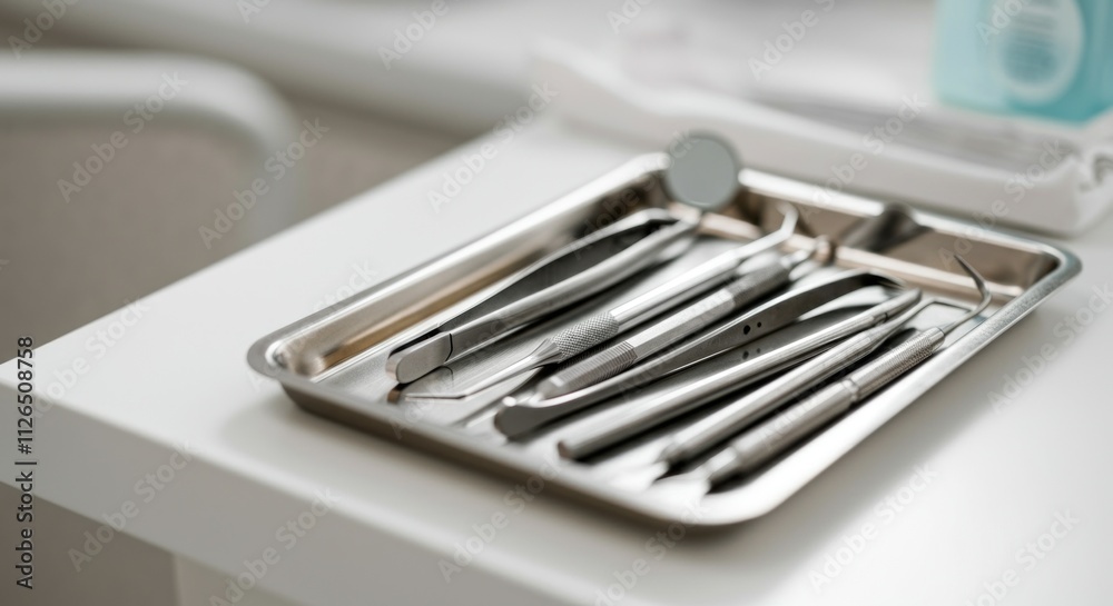 Dental instruments set on tray in clinic for professional hygiene and examination Dental instruments set on tray in clinic for professional hygiene and examination