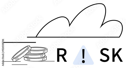 Coins stack beside RISK text, caution symbol replaces I, line graph curves above. Ideal for finance, investment, uncertainty, caution, business strategy market volatility economic analysis. Line