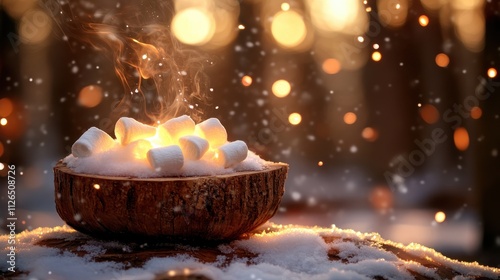 Friends roasting marshmallows in the snow, New Year s in the outdoors close up, bonding theme, warm, composite, snowy forest backdrop photo