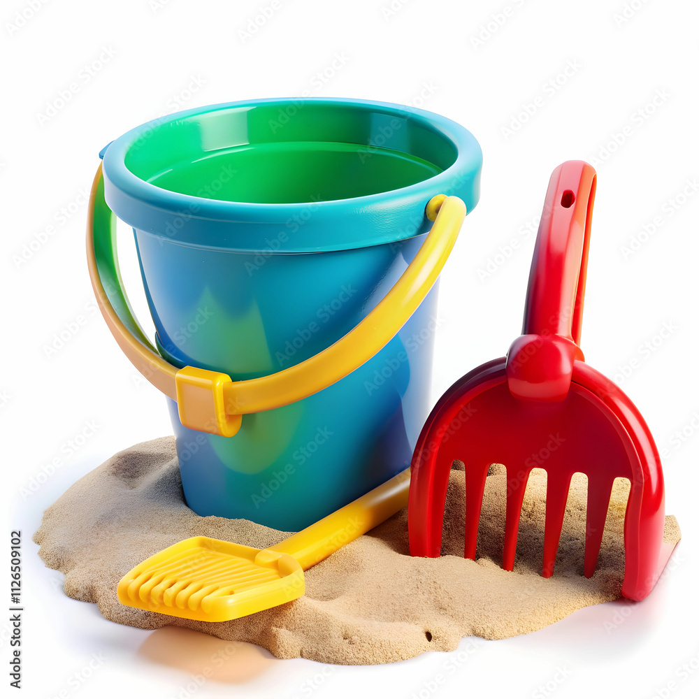 Baby Toy Bucket with Shovel and Rake Isolated Baby Toy Bucket with Shovel and Rake Isolated