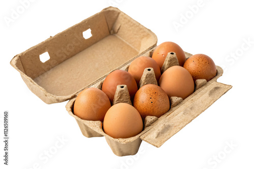 An open carton containing eight brown eggs of varying shades and textures, emphasizing farm freshness and sustainable packaging, set against a transparent background photo