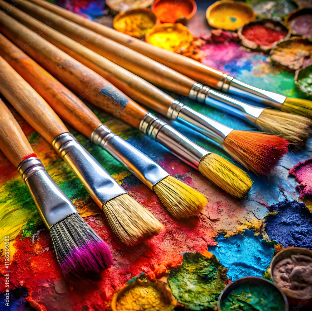 Fototapeta premium Brightly colored paintbrushes are dipped in vivid hues and laid out