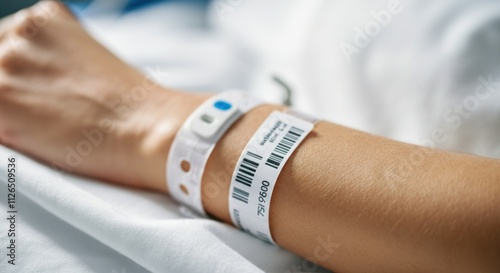 Patient hospital wristband on arm in medical setting