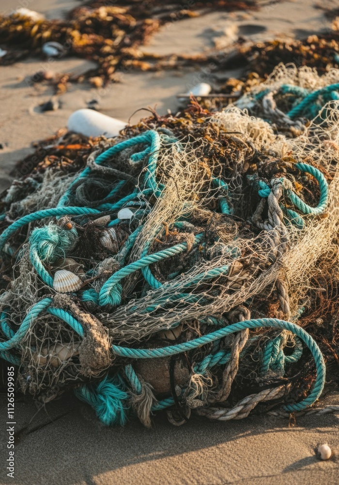 Coastal environmental impact: tangled fishing nets and marine debris on sandy beach Coastal environmental impact: tangled fishing nets and marine debris on sandy beach