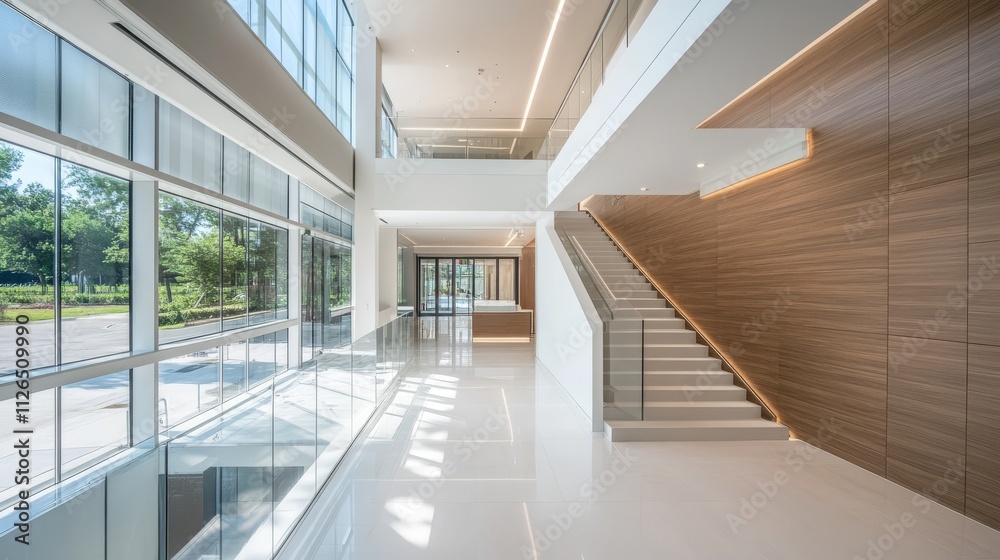 high end business space, modern white conference area, floor to ceiling glass design, wood panel details, professional office layout, natural light interior, urban corporate setting, commercial real