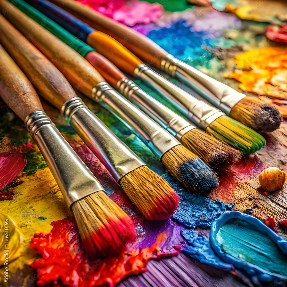 Fototapeta premium Brightly colored paintbrushes are dipped in vivid hues and laid out