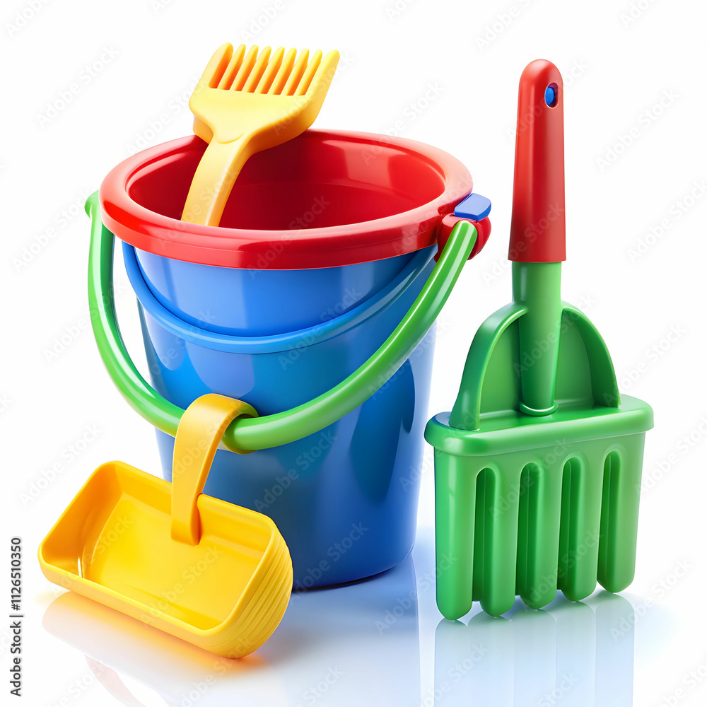 Baby Toy Bucket with Shovel and Rake Isolated Baby Toy Bucket with Shovel and Rake Isolated