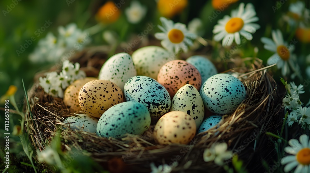 Colorful Speckled Eggs in Nest Surrounded by Wildflowers in Spring Colorful Speckled Eggs in Nest Surrounded by Wildflowers in Spring