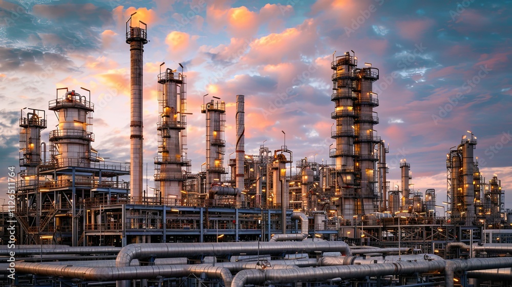 Fototapeta premium Illuminated Industrial Refinery Complex at Sunset