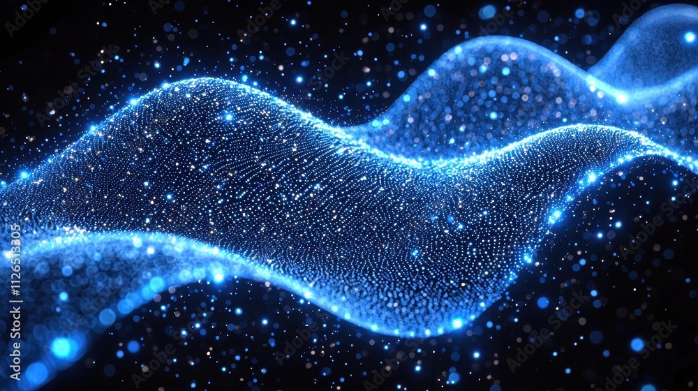 Captivating Blue Wave Form with Sparkling Particles and Bokeh Effect in Dark Background