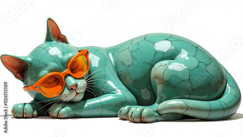 a green ceramic cat laying on the ground