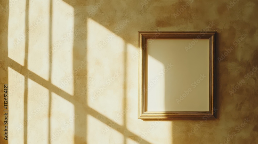 Blank picture frame on beige wall background with sunlight shades Blank picture frame on beige wall background with sunlight shades