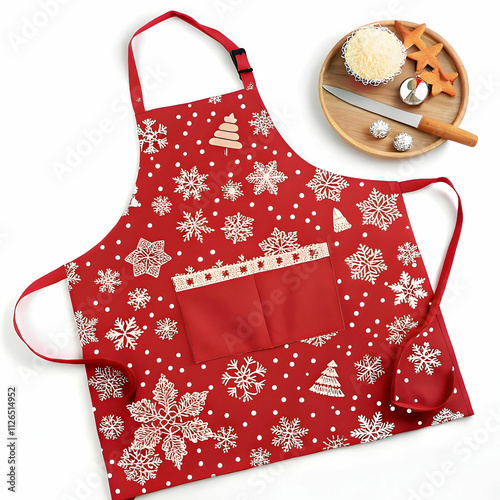 A red Christmas apron adorned with white snowflakes, perfect for holiday cooking,
