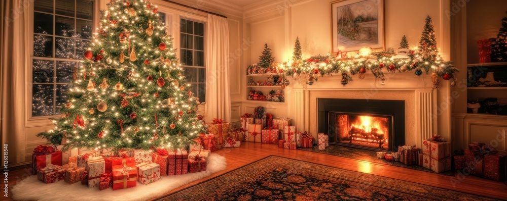 Christmas Tree with Decorations and Gifts Near a Fireplace with Lights Christmas Tree with Decorations and Gifts Near a Fireplace with Lights