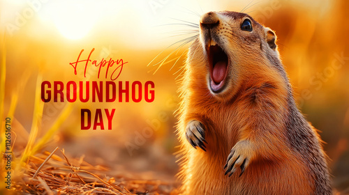 Happy Groundhog Day Celebration with Cute Groundhog in Vibrant Sunset Background