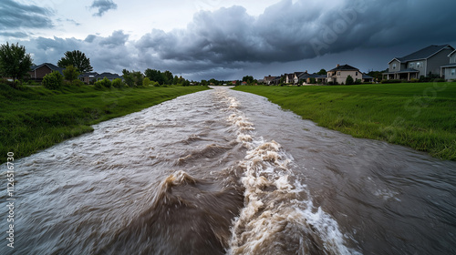 Overflowing river breaching its banks near residential areas during a flood