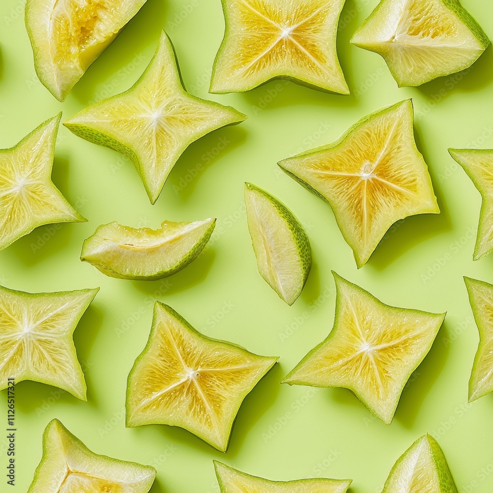 Vibrant Starfruit Slices Artfully Arranged on a Green Background Vibrant Starfruit Slices Artfully Arranged on a Green Background