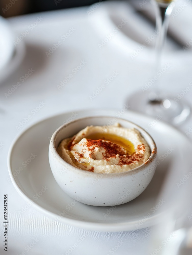 A small bowl of hummus drizzled with olive oil and sprinkled with paprika. A small bowl of hummus drizzled with olive oil and sprinkled with paprika.