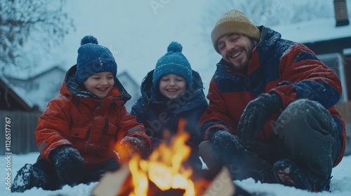 Family sitting around a bonfire in a snowy backyard, cozy New Year s celebration focus on, family theme, warm, double exposure, backyard backdrop photo