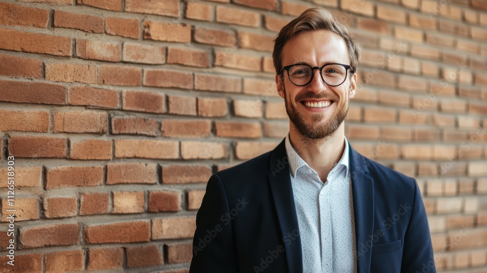 Businessman smiling wearing glasses standing by brick wall Businessman smiling wearing glasses standing by brick wall