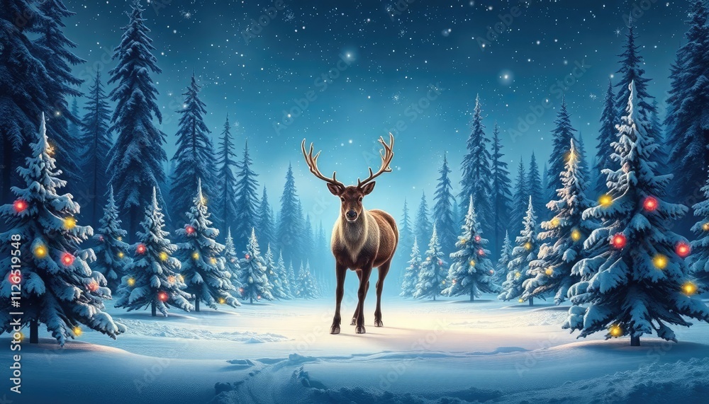 A serene winter scene featuring a deer in a snowy forest with decorated trees. A serene winter scene featuring a deer in a snowy forest with decorated trees.