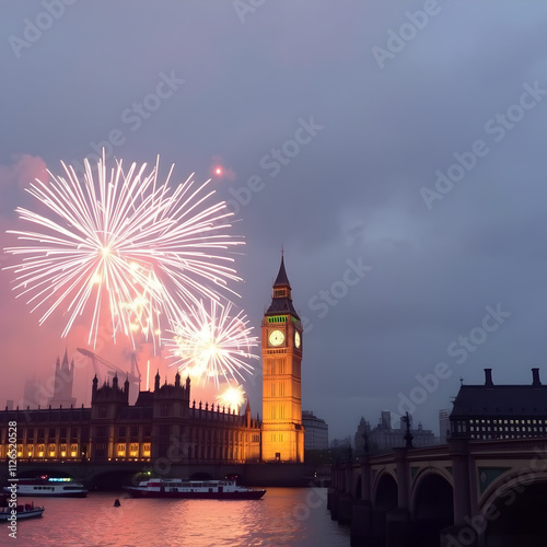 Bright fireworks exploding in vibrant colors, illuminating the venue with 
