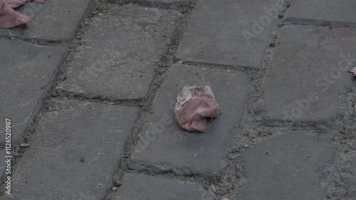 Bloodied napkins rest on cobblestones at a crime scene, providing chilling evidence of a recent act of violence. A vivid reminder of a tragic and unsettling event.