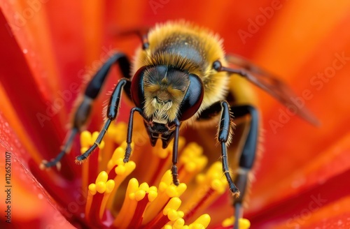 A bee with its head stuck in the opening of an open red and yellow beet, macro photography, wildlife photo photo