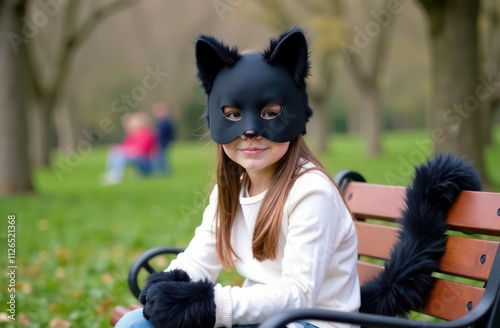 paper black carnival cat mask fluffy ears on teenage girl sits on bench in park, fluffy cat tail behind, white clothes, fluffy mittens on hands cat paws, dark grass, blurred trees on background photo