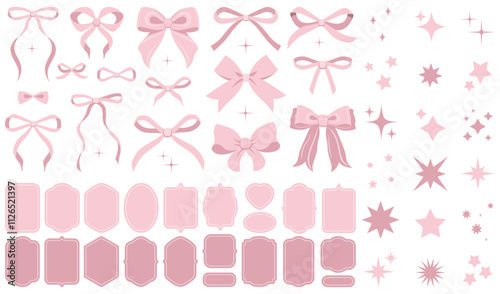 Vector soft pink vintage bow set. Bow for girly hair decor, flat icons. Ribbons isolated. Trendy girls accessories. Cute hairstyle elements collection. Sparkles icons, star shape. Glitter sparkle icon