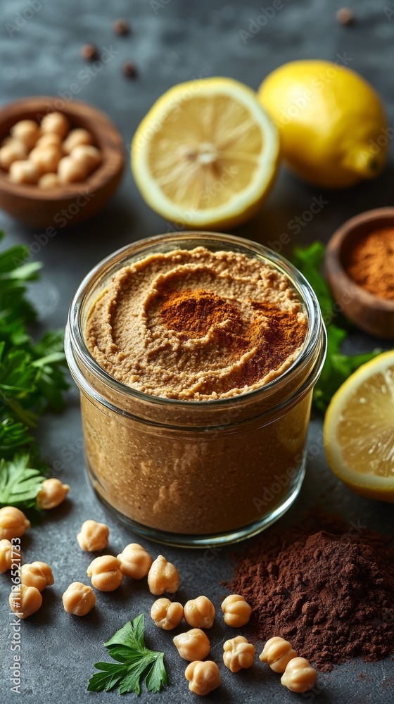 bowl creamy hummus sits clear glass container surrounded fresh chickpeas lemon wedges and drizzle olive oil. Paprika and parsley add vibrant color. bowl creamy hummus sits clear glass container surrounded fresh chickpeas lemon wedges and drizzle olive oil. Paprika and parsley add vibrant color.