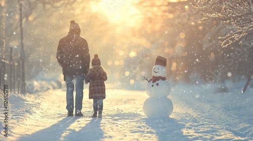 Family building a snowman in their front yard, joyful New Year s moment close up, bonding theme, whimsical, manipulation, snowy yard backdrop photo