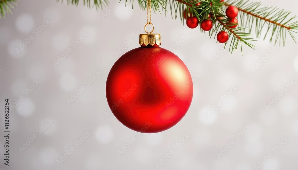 A shiny red Christmas ornament hanging from a pine branch, with a blurred festive background. A shiny red Christmas ornament hanging from a pine branch, with a blurred festive background.