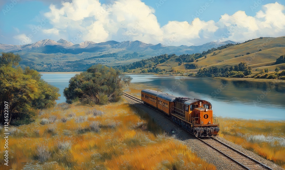Train travel through the mountains next to a lake.