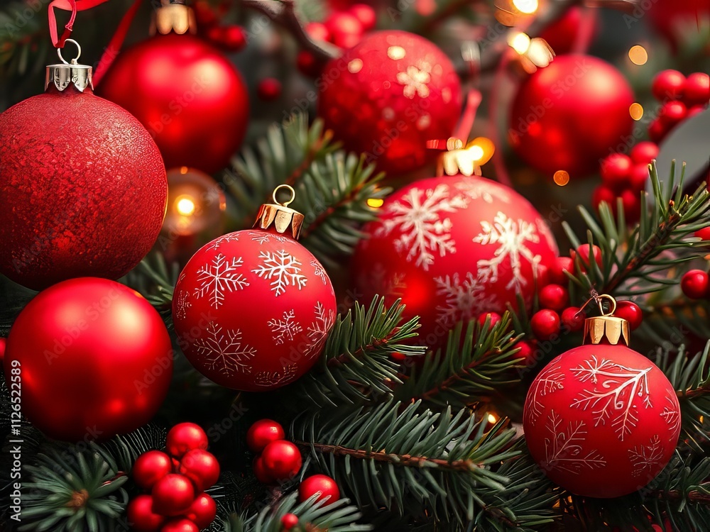 Vibrant Red Christmas Ornaments on Pine Branches - AI Photo Vibrant Red Christmas Ornaments on Pine Branches - AI Photo