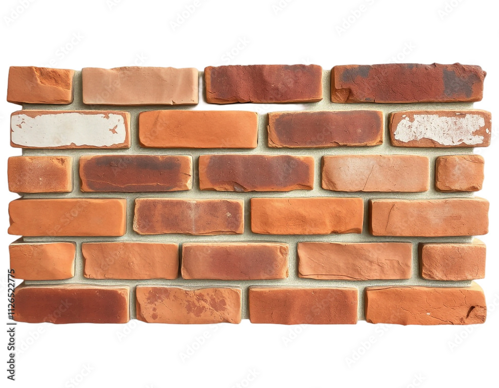 Fototapeta premium Rustic Brick Wall Isolated on White Background, Textured Construction Material Design, PNG Transparent.