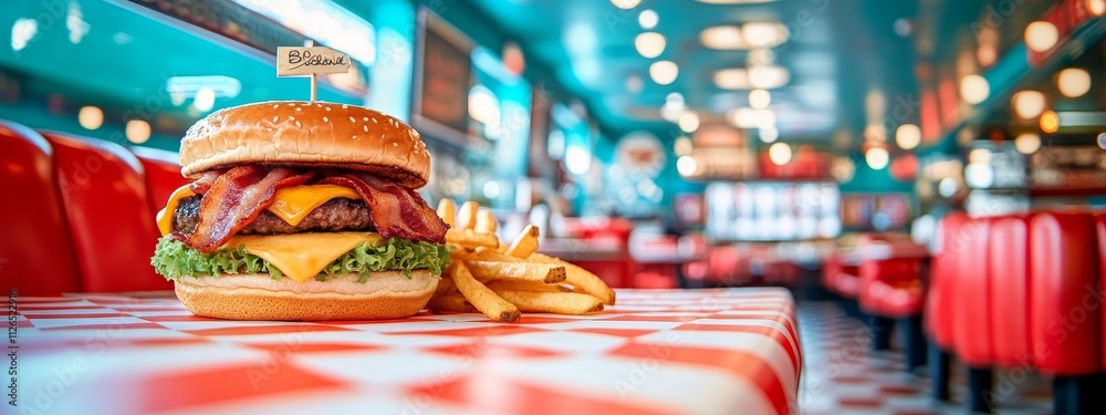 Classic cheeseburger with bacon and fries in a retro diner, capturing vintage fast food culture, American cuisine, and casual dining themes. Classic cheeseburger with bacon and fries in a retro diner, capturing vintage fast food culture, American cuisine, and casual dining themes.