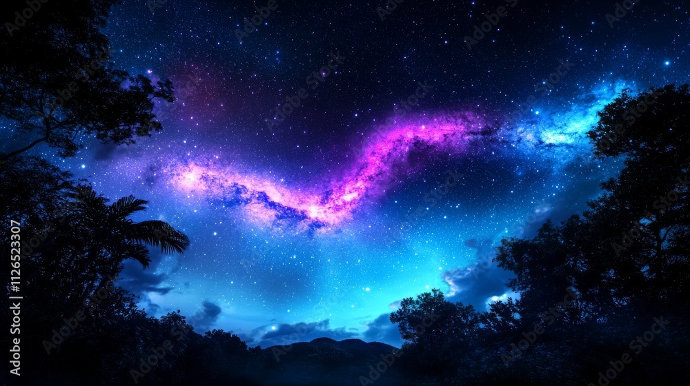 Stunning night sky with the Milky Way above silhouetted trees, featuring vivid purple, magenta, and deep blue hues in a serene and natural setting Stunning night sky with the Milky Way above silhouetted trees, featuring vivid purple, magenta, and deep blue hues in a serene and natural setting