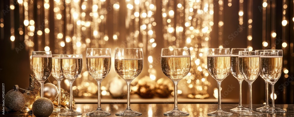 Christmas background with glasses of champagne and shiny golden background. Festive New Year's Eve Party Christmas background with glasses of champagne and shiny golden background. Festive New Year's Eve Party