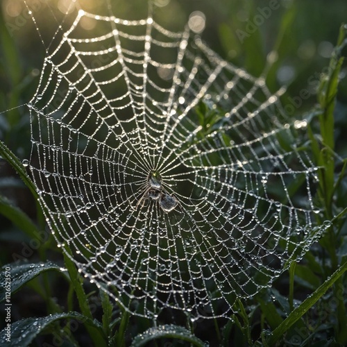 A spider web glistening with dew.