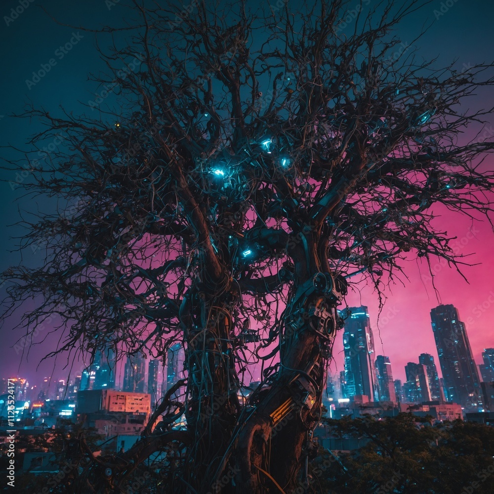 Obraz premium A tree with mechanical branches set against a vibrant cyberpunk skyline.