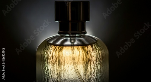 Close-Up of Frosted Glass Perfume Bottle: Delicate Texture and Light Diffusion on Moody Background