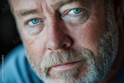 close-up portrait of a mature man with blue eyes and a beard