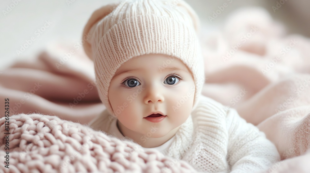 A baby with big, curious blue eyes looks off to the side. A baby with big, curious blue eyes looks off to the side.