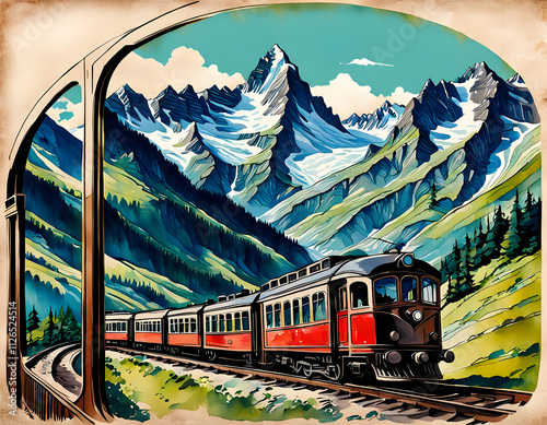 A red vintage train in the Swiss Alps in summer with snow covered mountains in the background, illustration photo