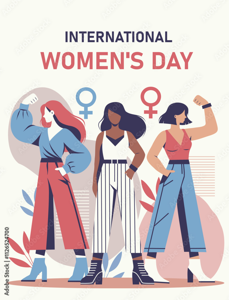 Fototapeta premium Women's day. Vector flat design of strong women, feminism. Different women standing together as a sign of strength and unity. Gender equality and women empowerment. For social media, posters