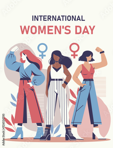 Women's day. Vector flat design of strong women, feminism. Different women standing together as a sign of strength and unity. Gender equality and women empowerment. For social media, posters
