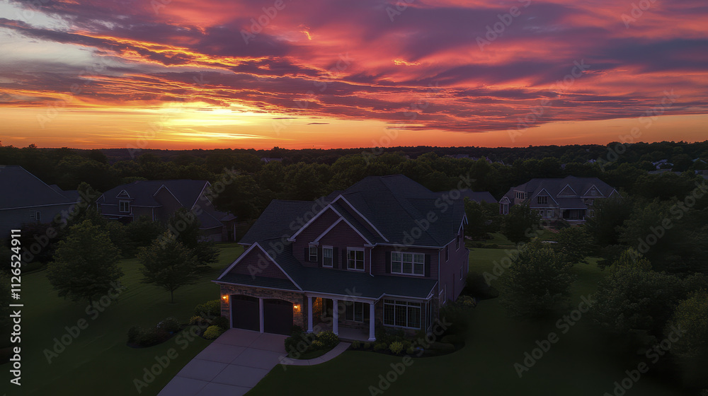 stunning sunset over suburban home with vibrant colors stunning sunset over suburban home with vibrant colors