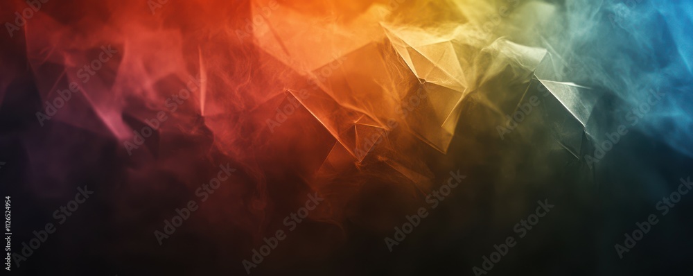 Dark background with rainbow colors, geometric shapes, lights and shadows, smoke effect, space for text or design